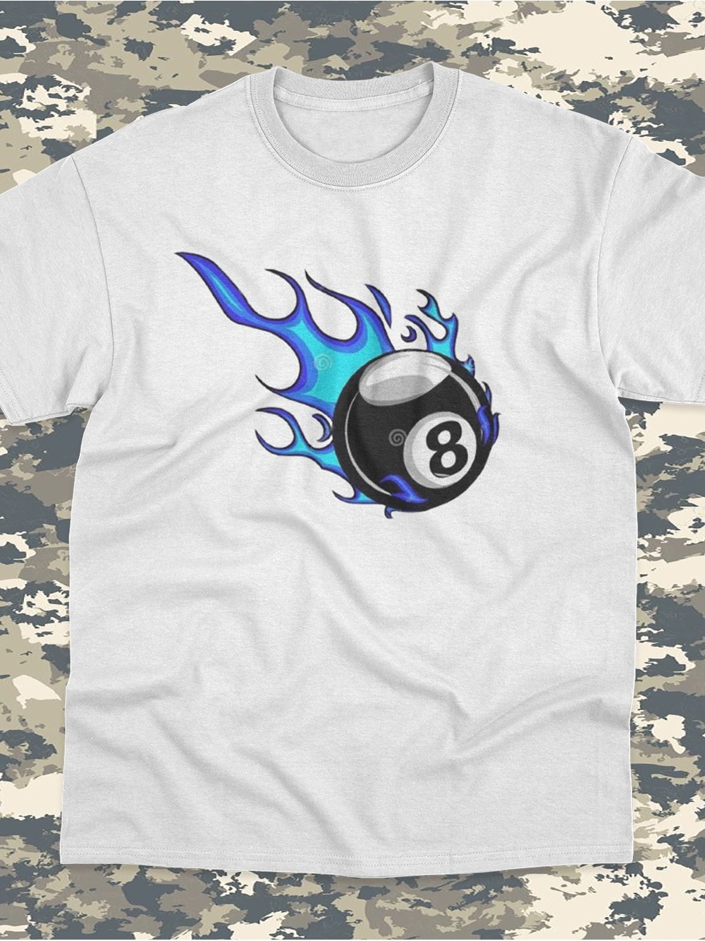 White Men’s Graphic Tee with Blue Flame 8-Ball Design